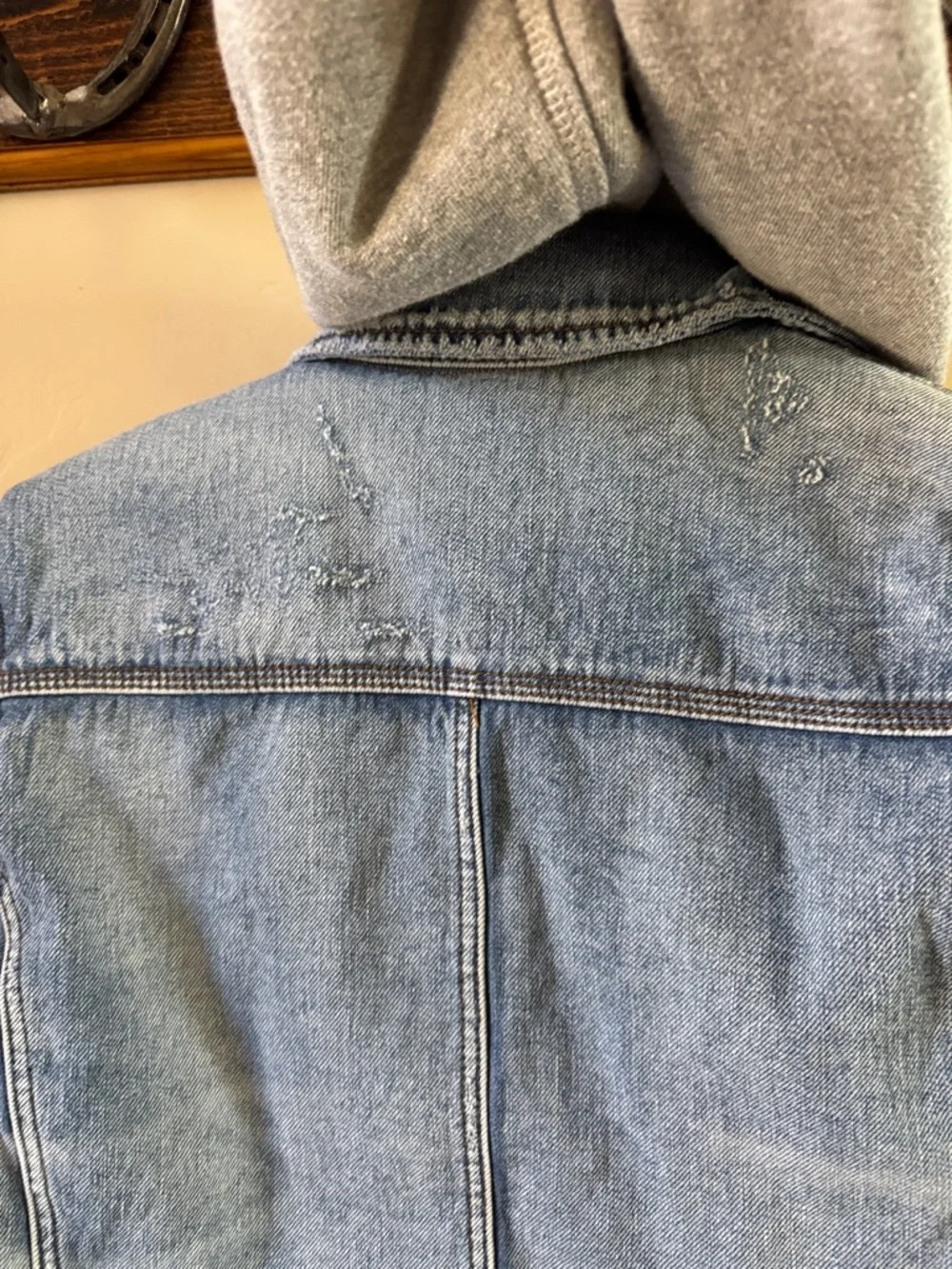 Free People Light Blue Distressed Denim Jacket with Heather Gray Hoodie - Picture 12 of 14